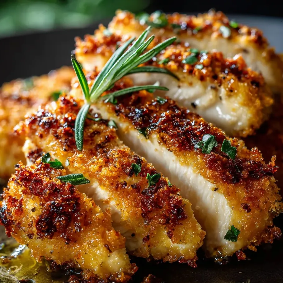 Ein Stück Hähnchen mit Kräutern obendrauf.
