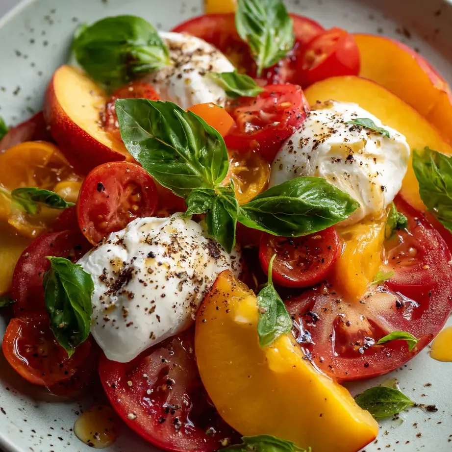 Ein Teller mit Tomaten, Pfirsichen und Burrata.