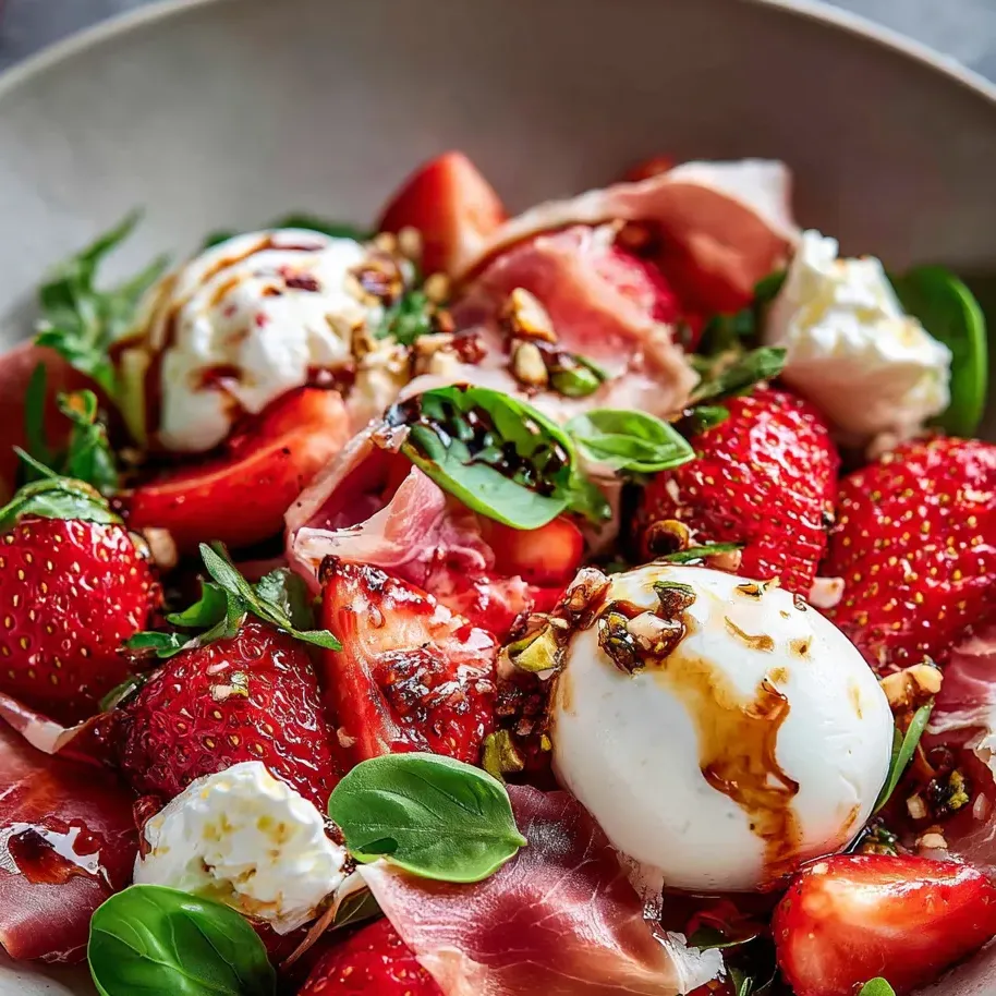 Ein Teller voll mit Erdbeeren, Schinken und cremigem Käse.