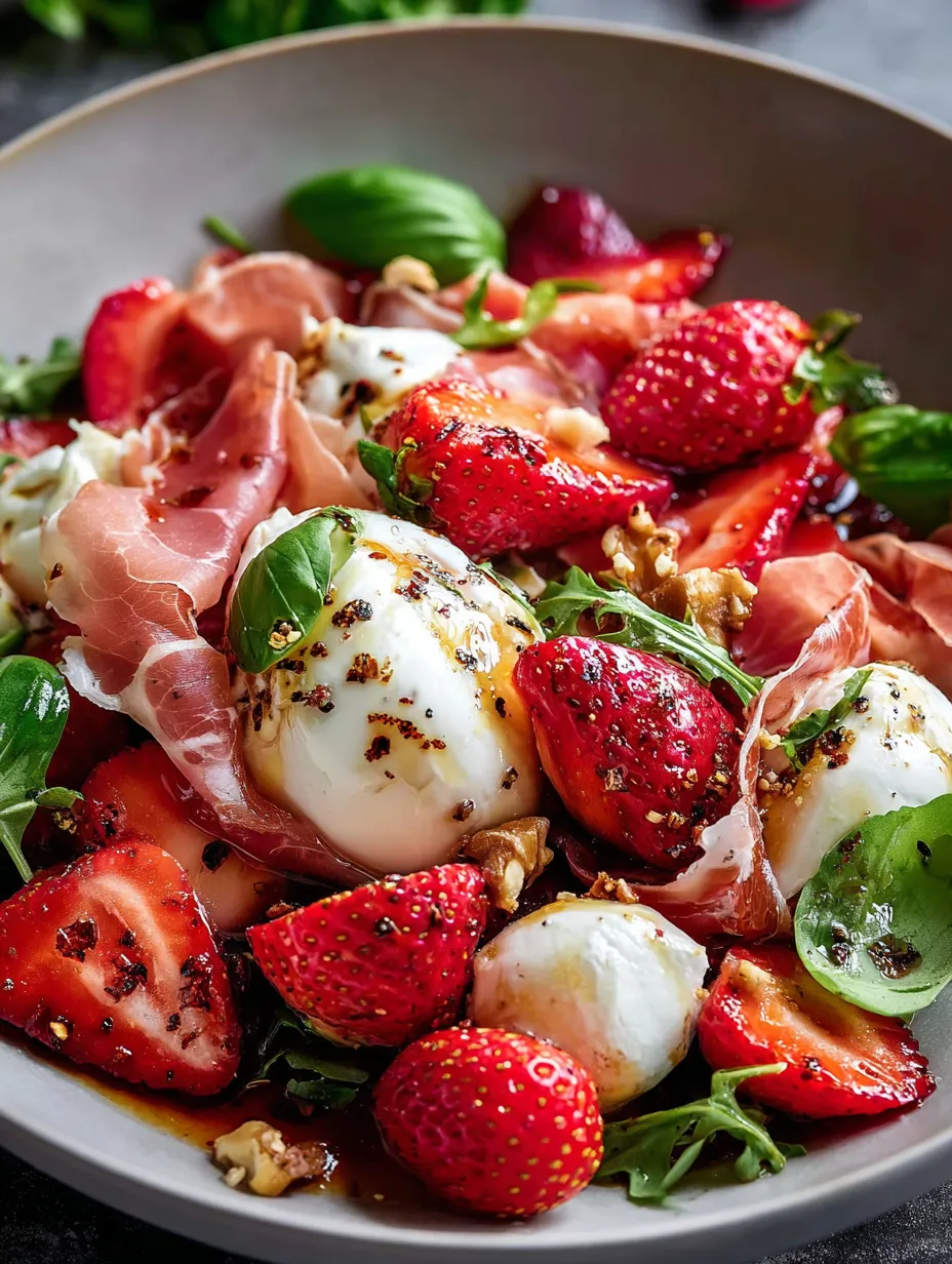 Ein Teller mit Erdbeeren, Käse und Schinken.