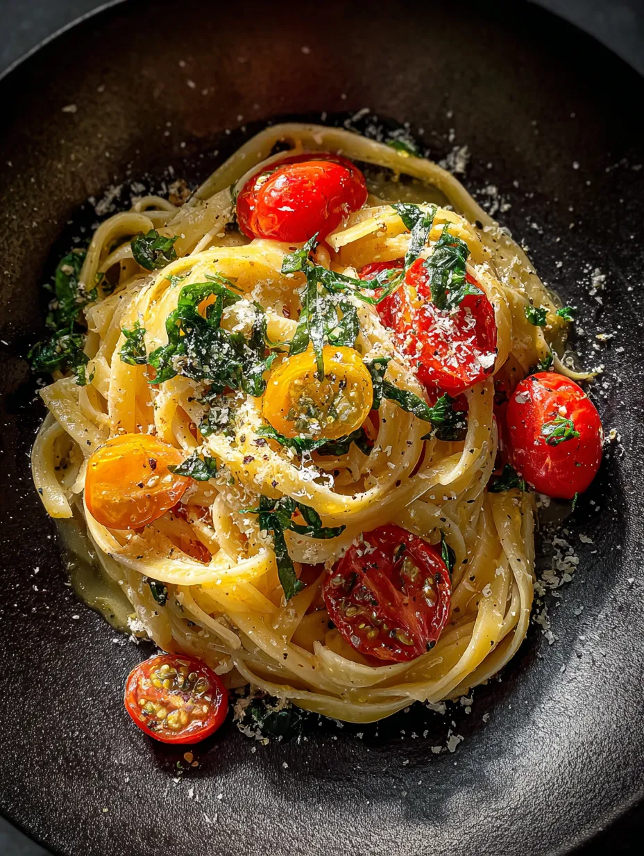 Eine Schale Pasta mit Tomaten und Basilikum.