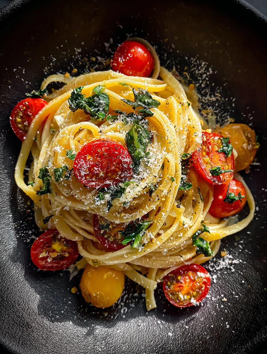 Eine Schale Pasta mit Tomaten und Basilikum.