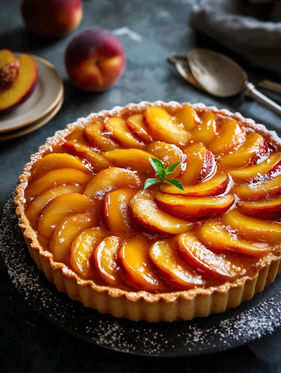 Eine Tarte mit Pfirsichen und Blatt obendrauf.