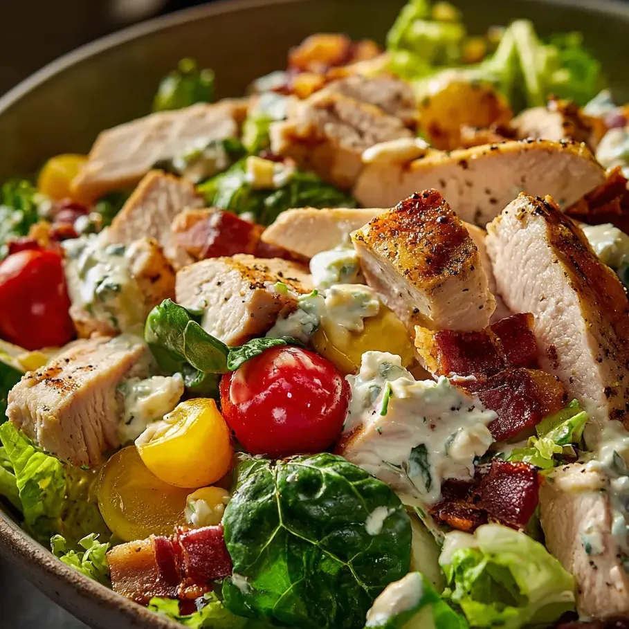 Schüssel mit Hühnchenstreifen, Tomaten, Salat und Blauschimmelkäse.