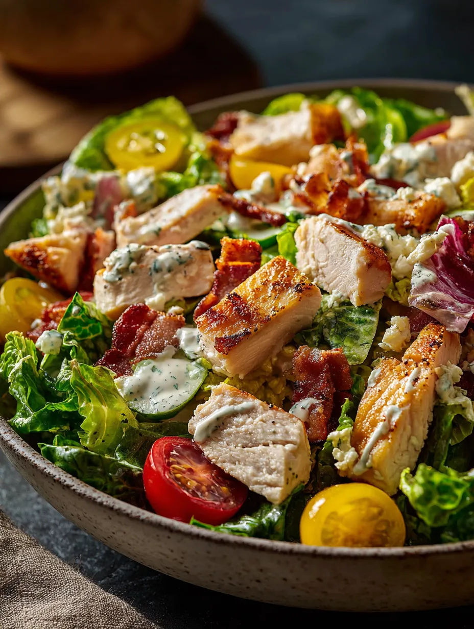 Schüssel mit Hähnchensalat, Tomaten und Salat.