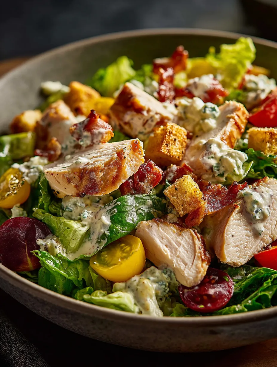 Schüssel mit Hähnchen, Tomaten, Salat und Blauschimmelkäse.