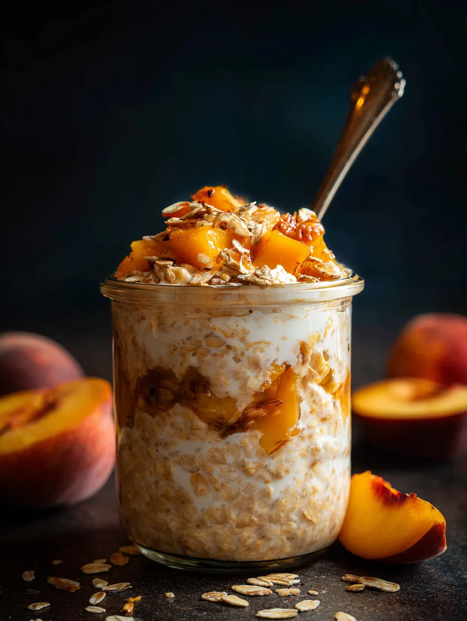 Ein Glas Granola mit Pfirsichen.