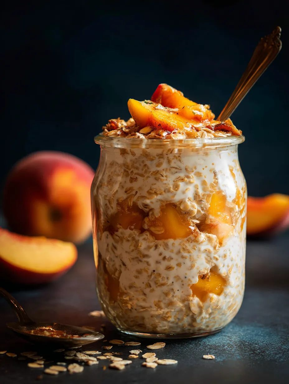 Ein Glas mit Granola und Pfirsichen.