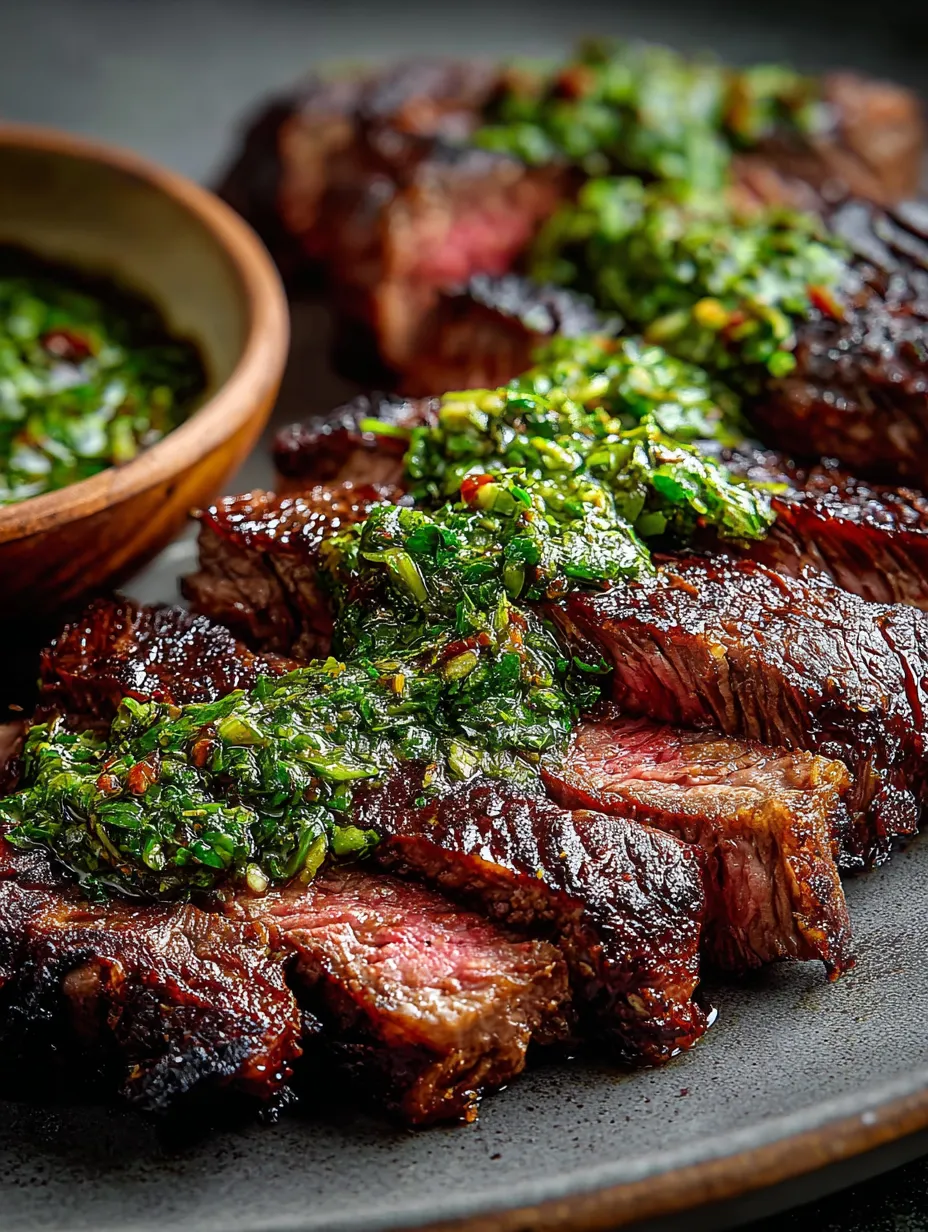 Teller mit Fleisch und dazu Schüssel voller grüner Soße.