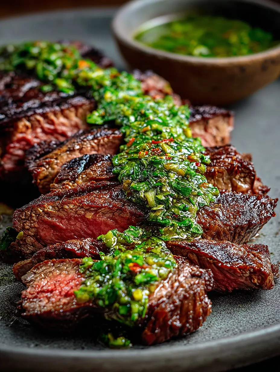 Ein Stück saftiges Fleisch mit grüner Soße darüber.