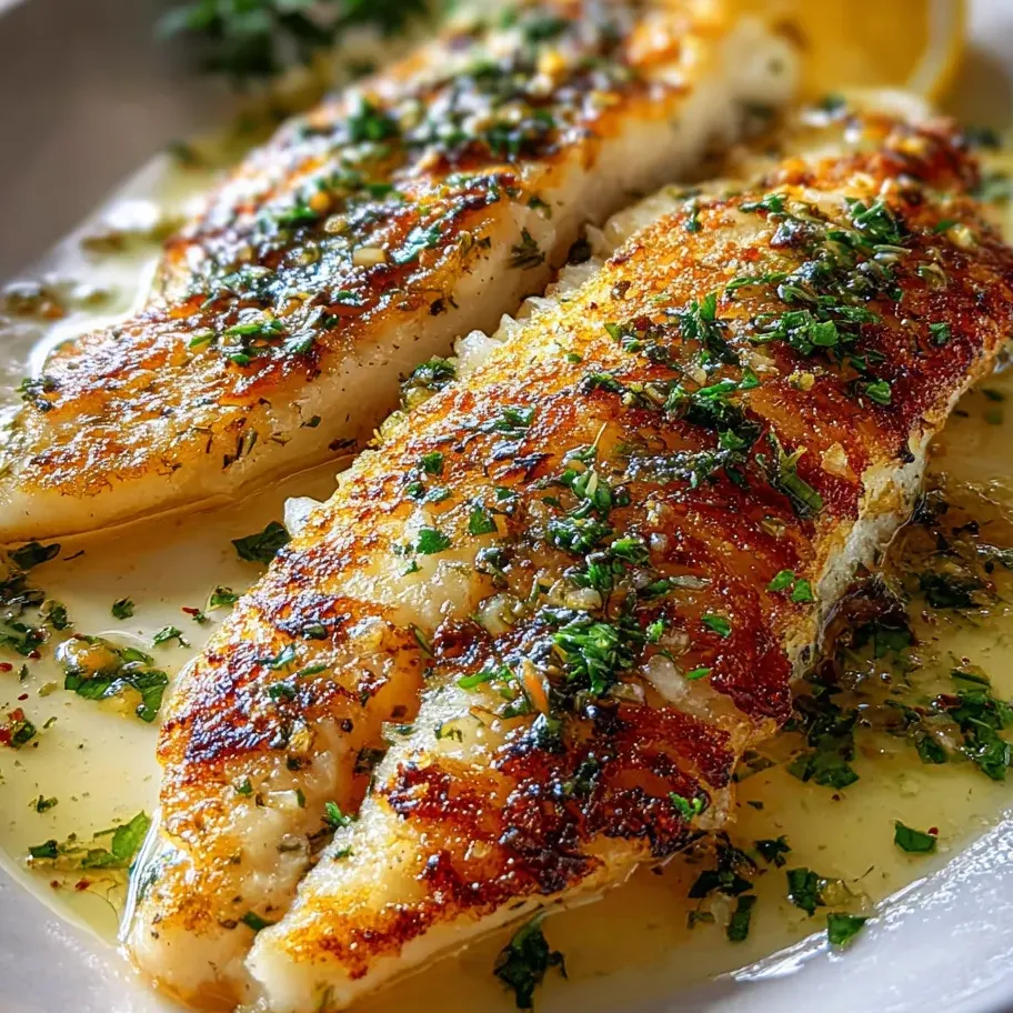 Zwei Fischfilets mit Zitrone und Kräutern.
