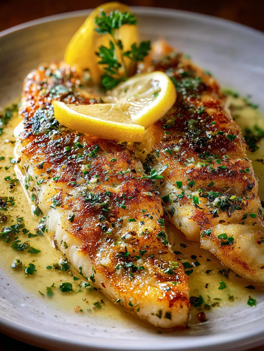 Ein Teller Fisch mit Zitrone und Kräutern.