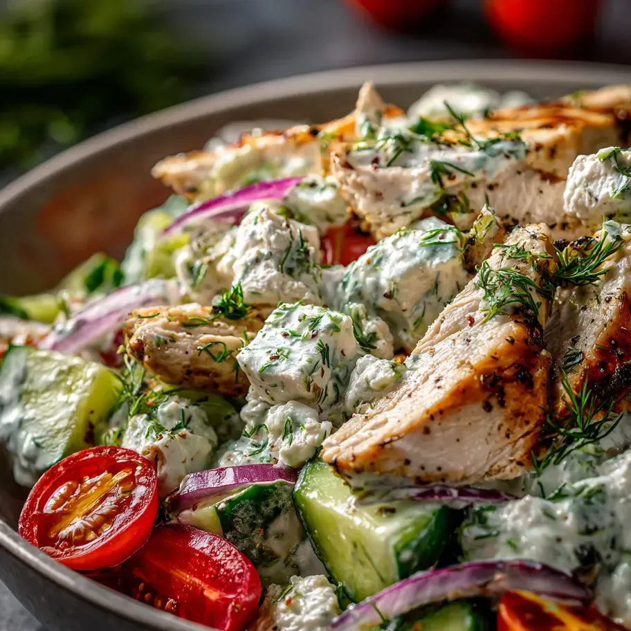 Schale mit Hähnchensalat, Tomaten, Gurken und Zwiebeln.
