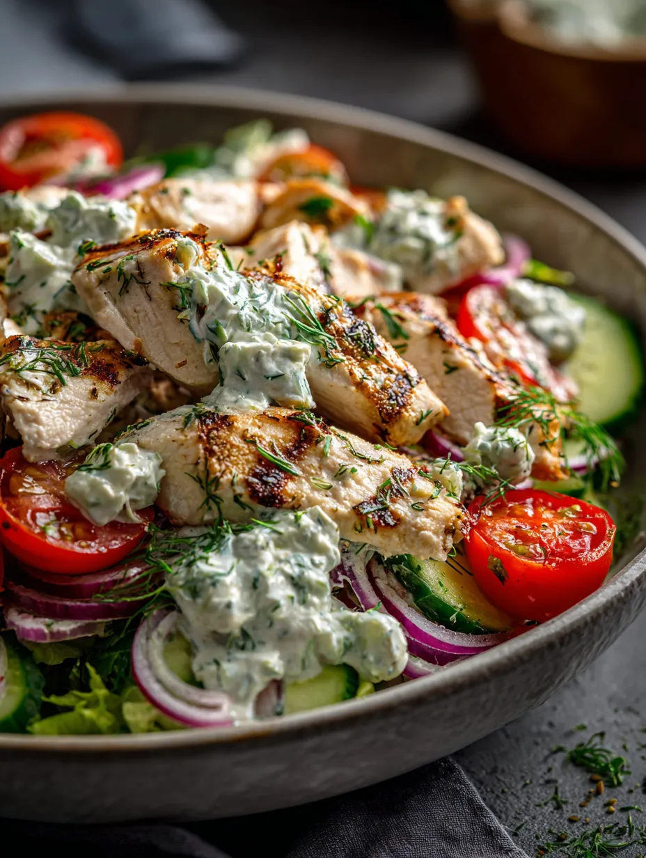 Eine Schale mit Hähnchen, Tomaten, Gurken und Salat.