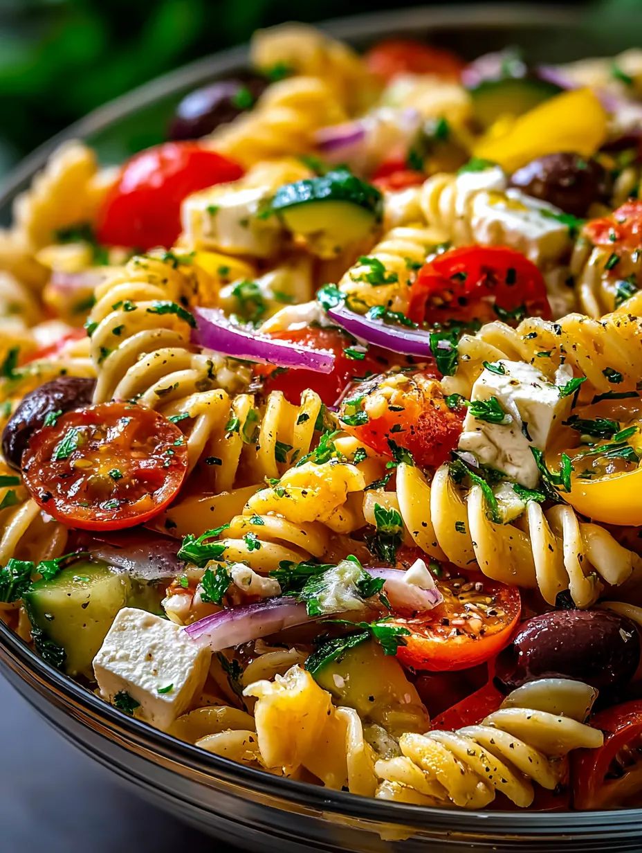 Eine Schüssel Pasta mit Tomaten, Gurken und Käse.