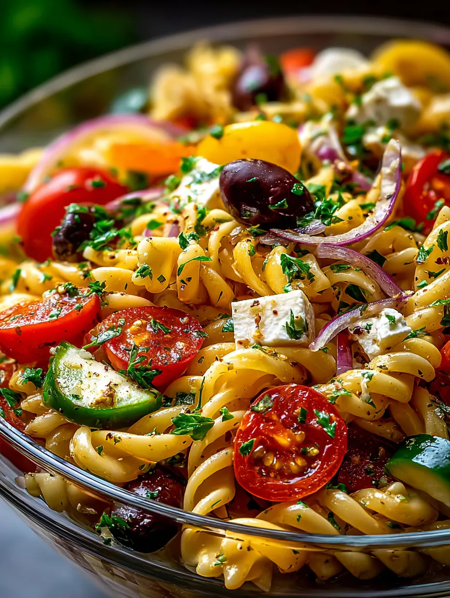Eine Schüssel Pasta mit Tomaten, Oliven und Käse.