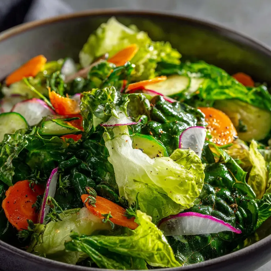 Eine Schüssel mit Salat, Karotten, Blattsalat und Gurken.