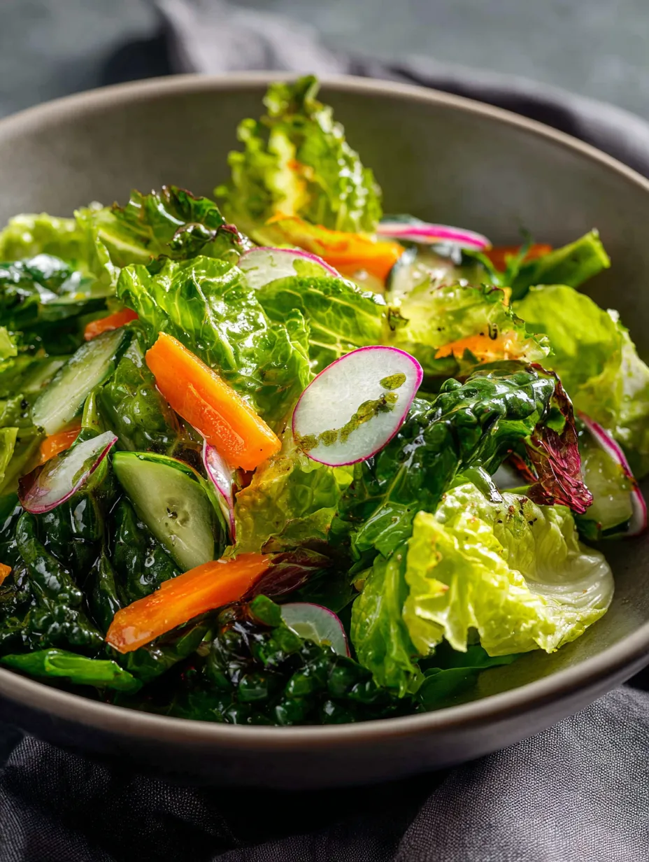 Eine Schale voller grüner Blattsalate mit Karotten und Radieschen.