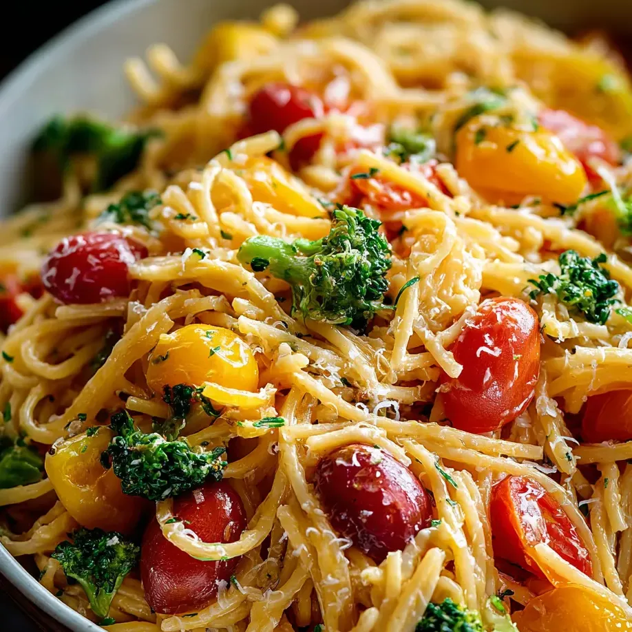 Eine Schale Pasta mit Tomaten und Brokkoli.