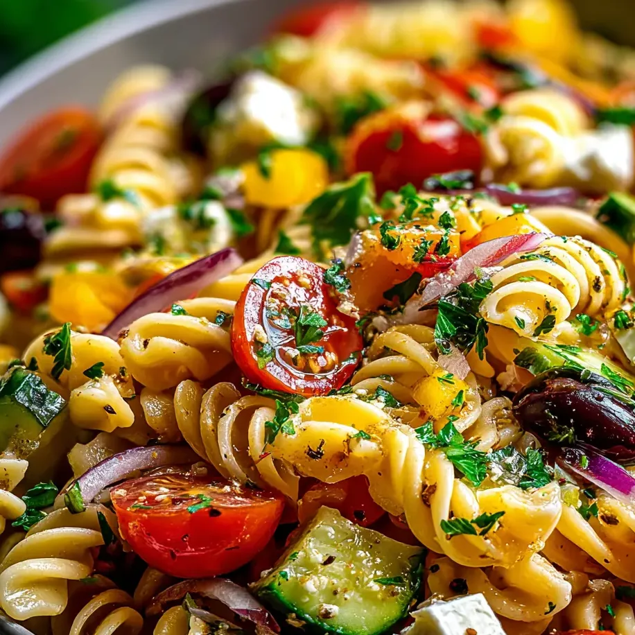 Eine Schüssel Pasta mit Tomaten, Gurken und Käse.