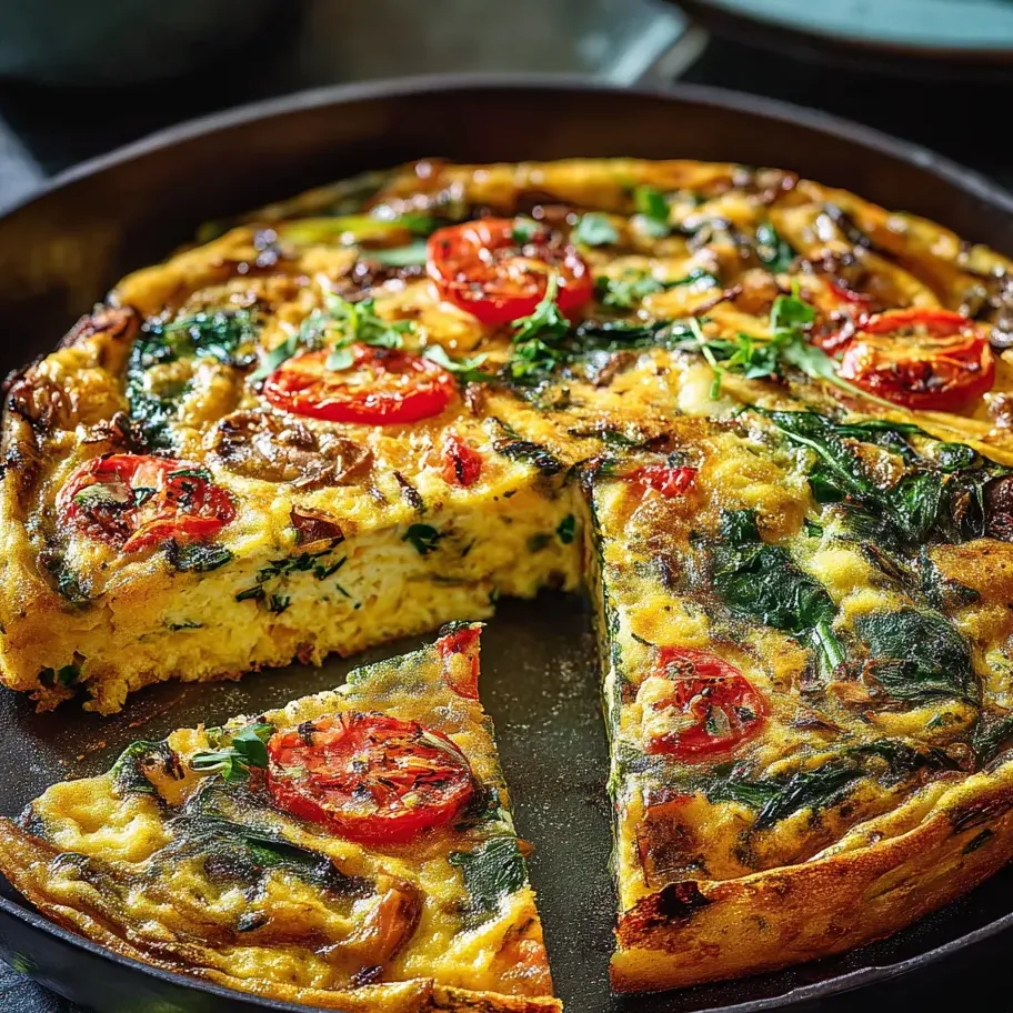 Ein Stück Frittata mit Tomaten und Spinat
