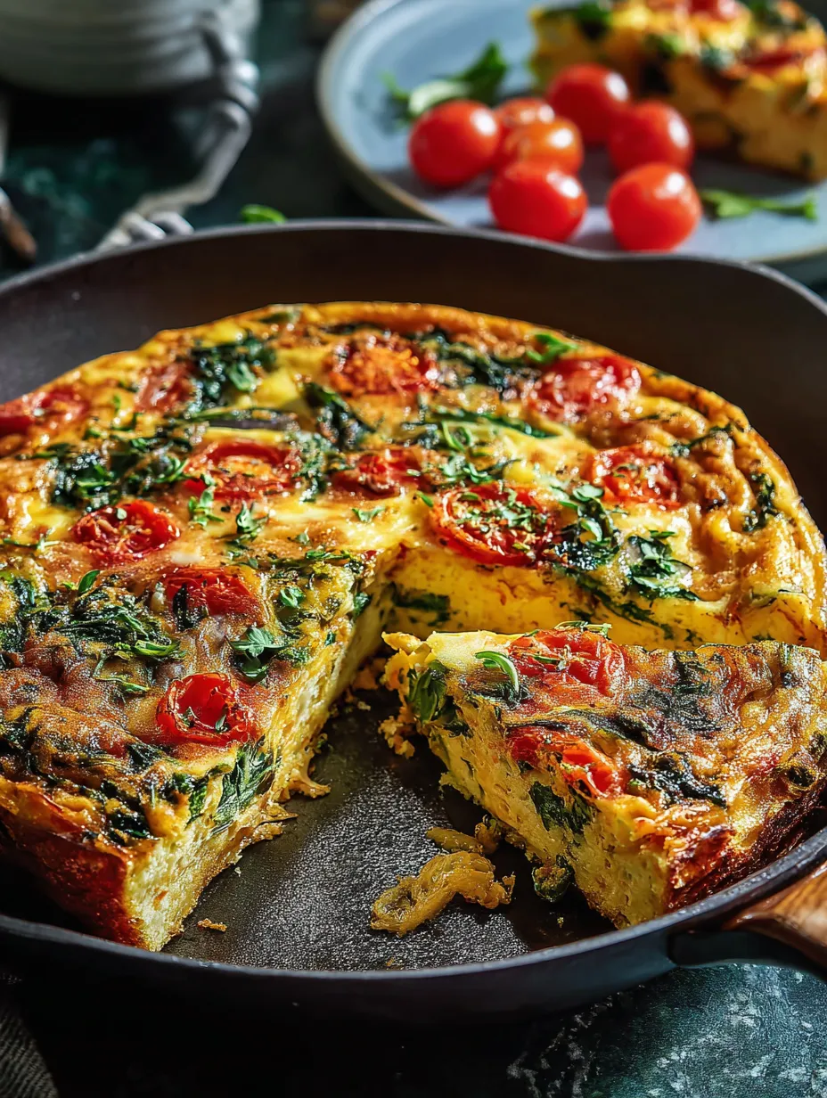 Ein Quiche-Stück mit Tomaten und Spinat.