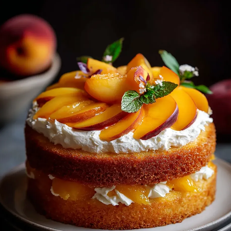 Ein Kuchen mit Pfirsichen und Sahne obendrauf.