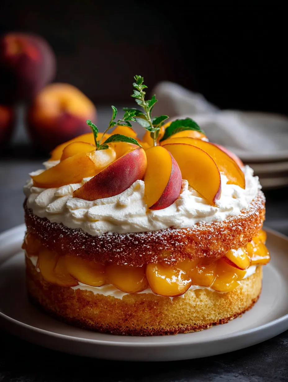 Ein Kuchen mit Pfirsichen oben drauf.