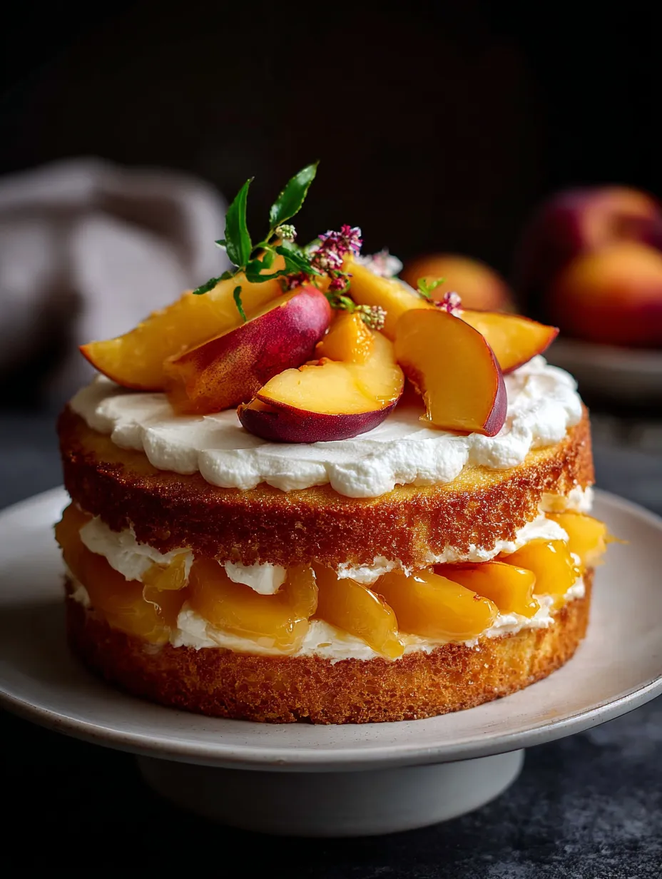 Ein Kuchen mit Pfirsichen oben drauf.