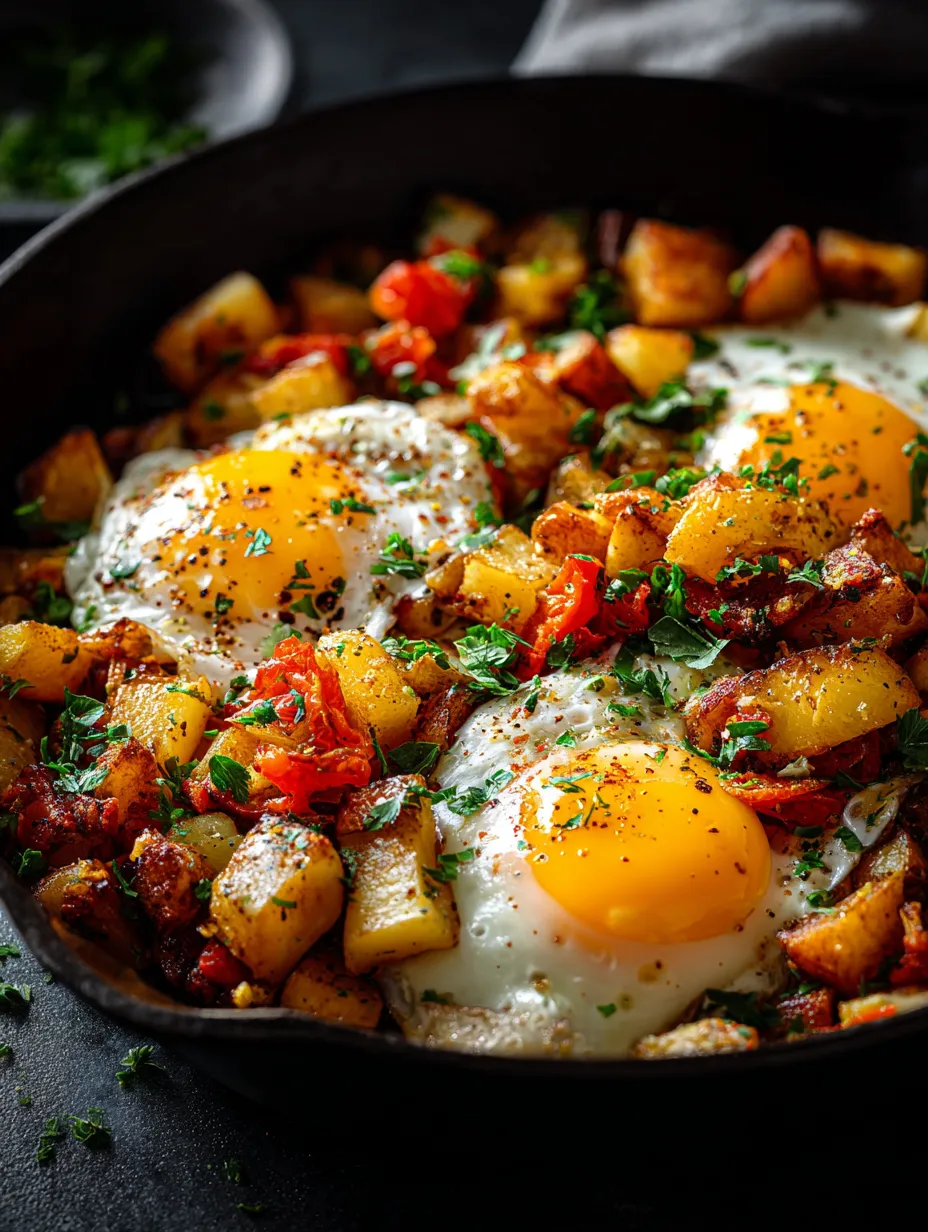 Spiegelei in einer Pfanne mit Kartoffeln und Tomaten.