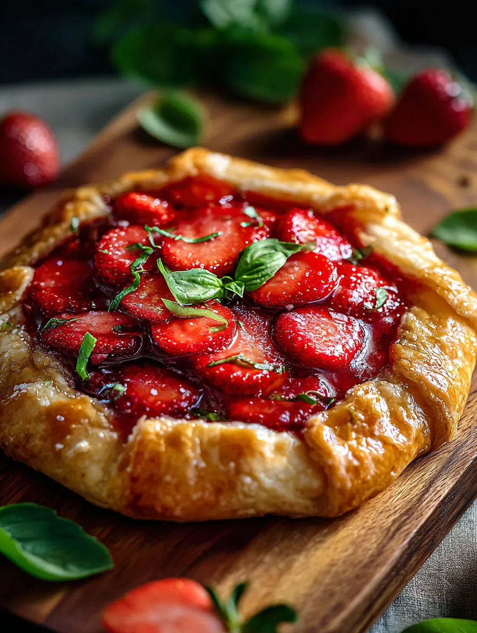 Gebäck mit Erdbeeren und Basilikum auf einem Brett.