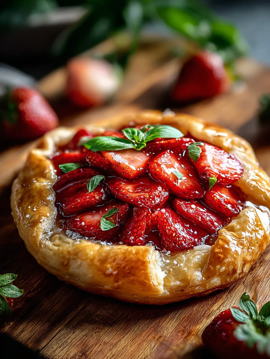Ein Kuchen mit Erdbeeren und Basilikum.
