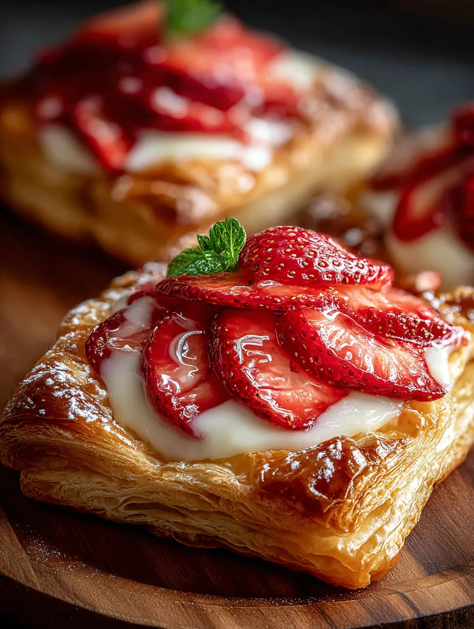 Ein Gebäckstück mit Erdbeeren obendrauf.