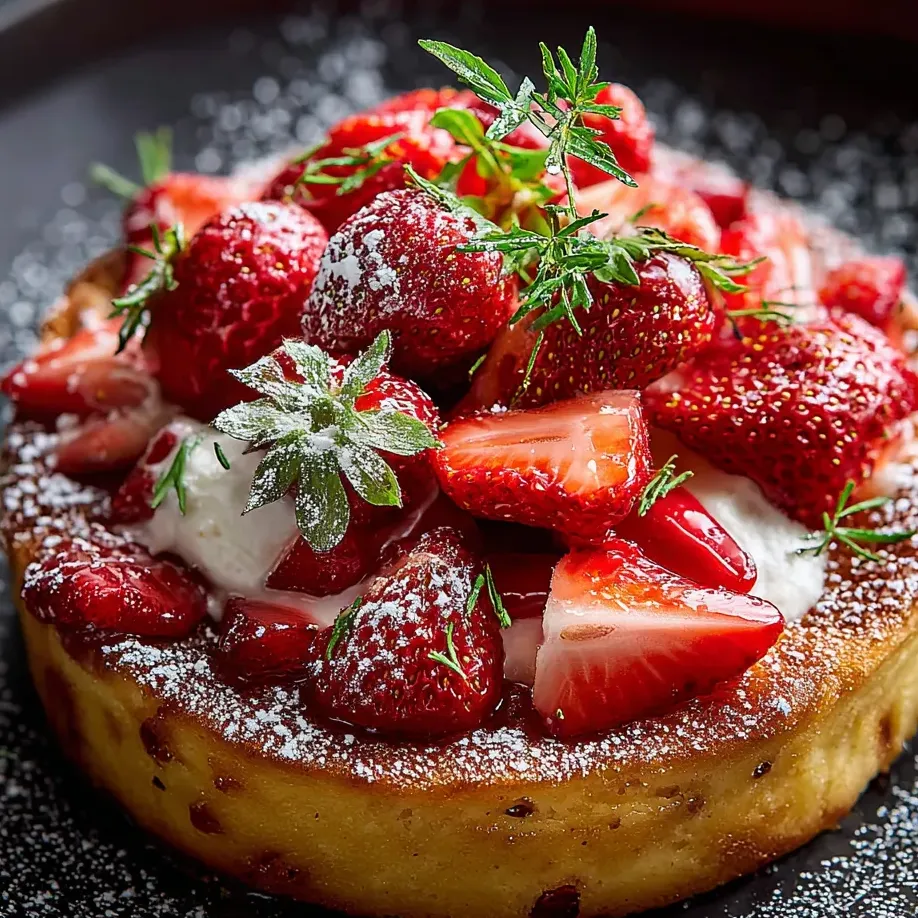 Ein Kuchen mit Erdbeeren und Sahne obendrauf.
