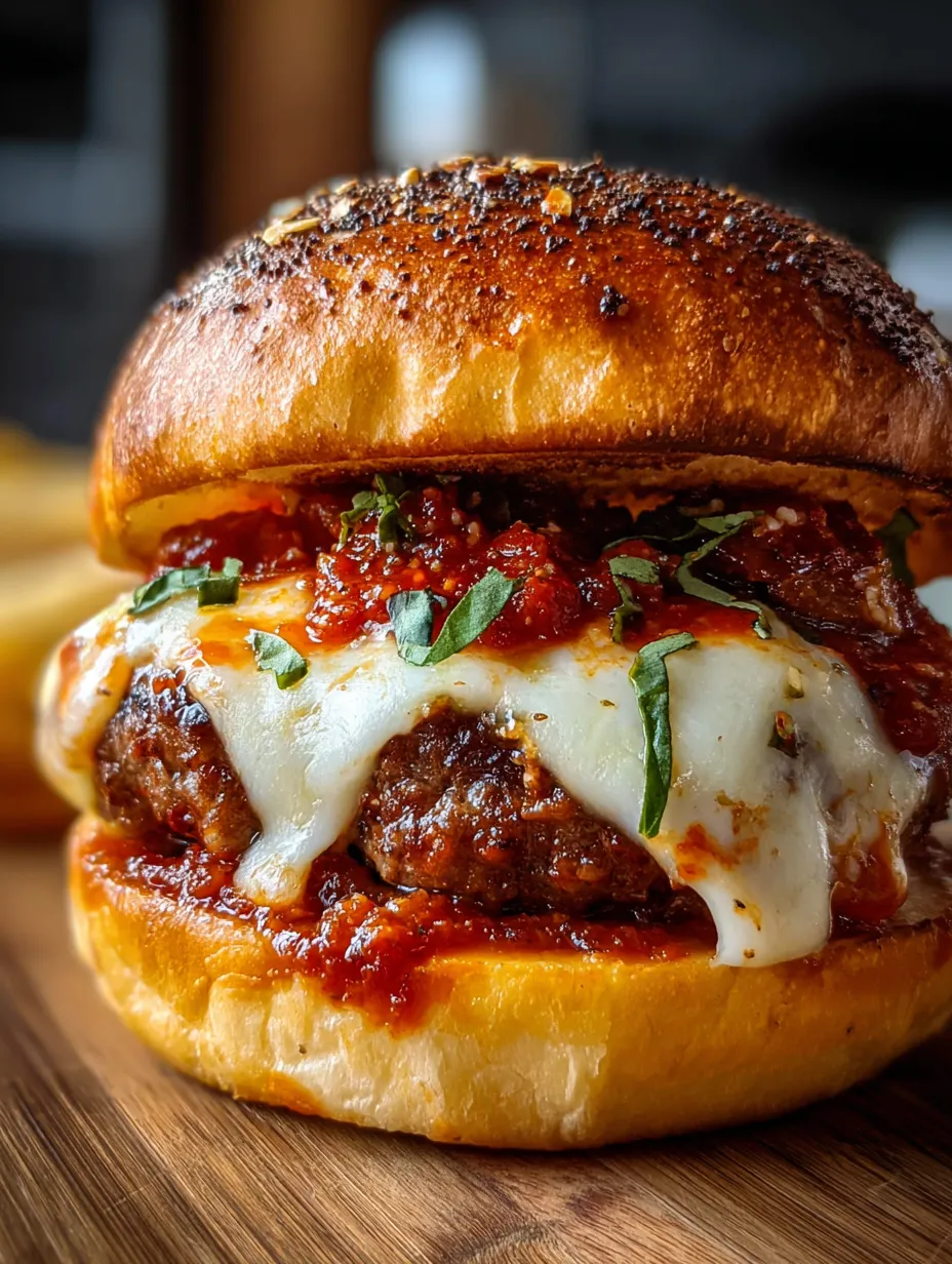 Nahaufnahme von Burger mit viel Käse und Tomatensoße.