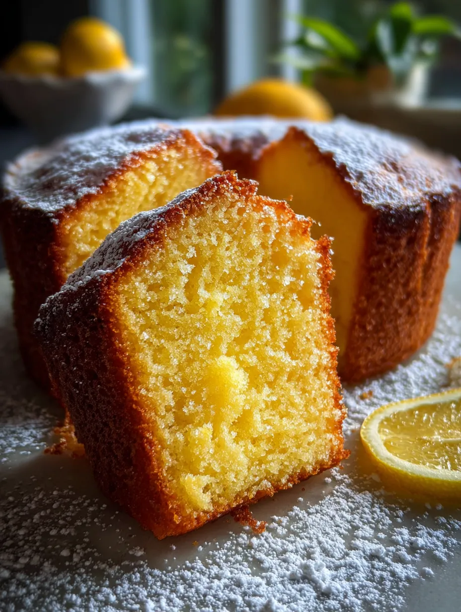 Ein Stück Kuchen mit Zitronenscheibe dekoriert.