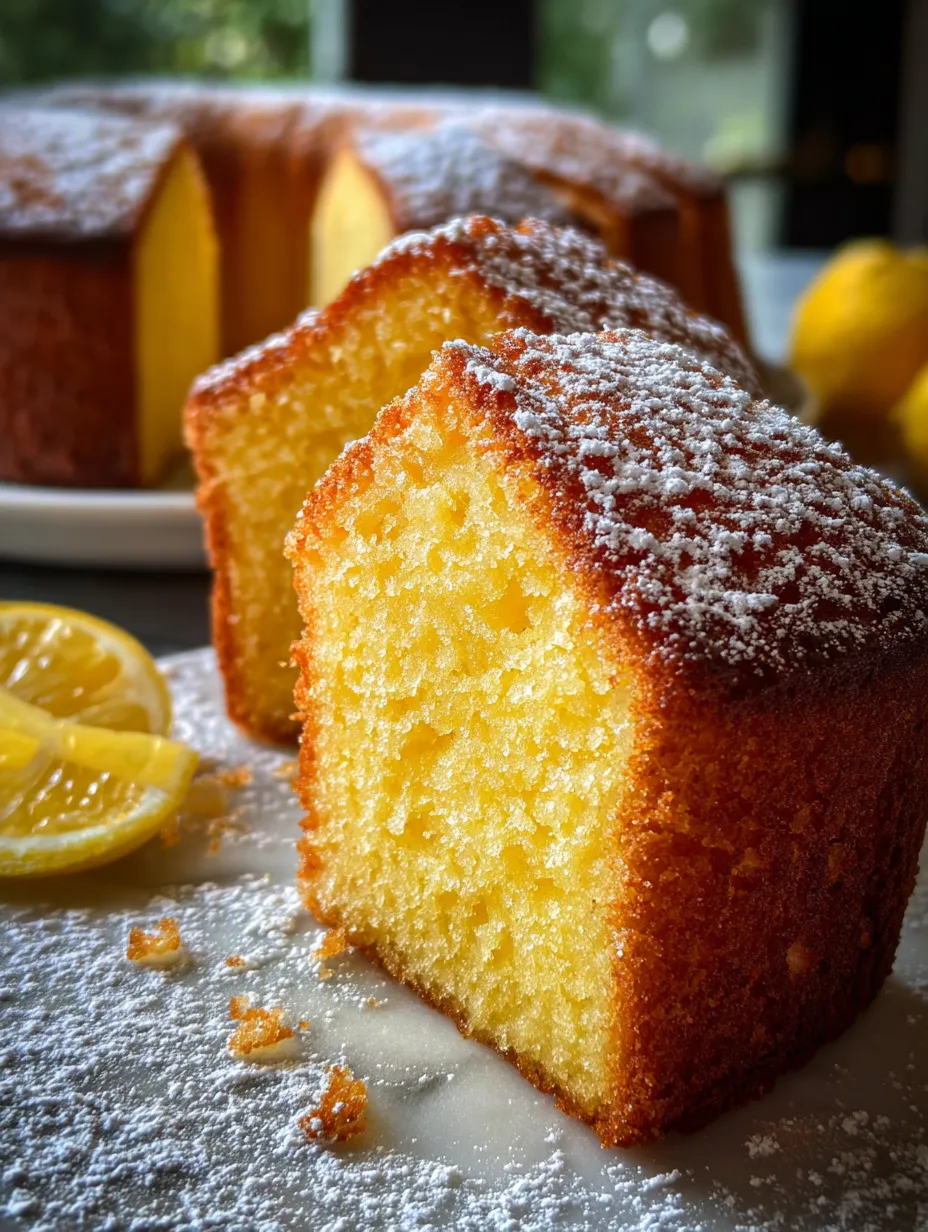 Ein Stück Kuchen mit Puderzucker obendrauf.