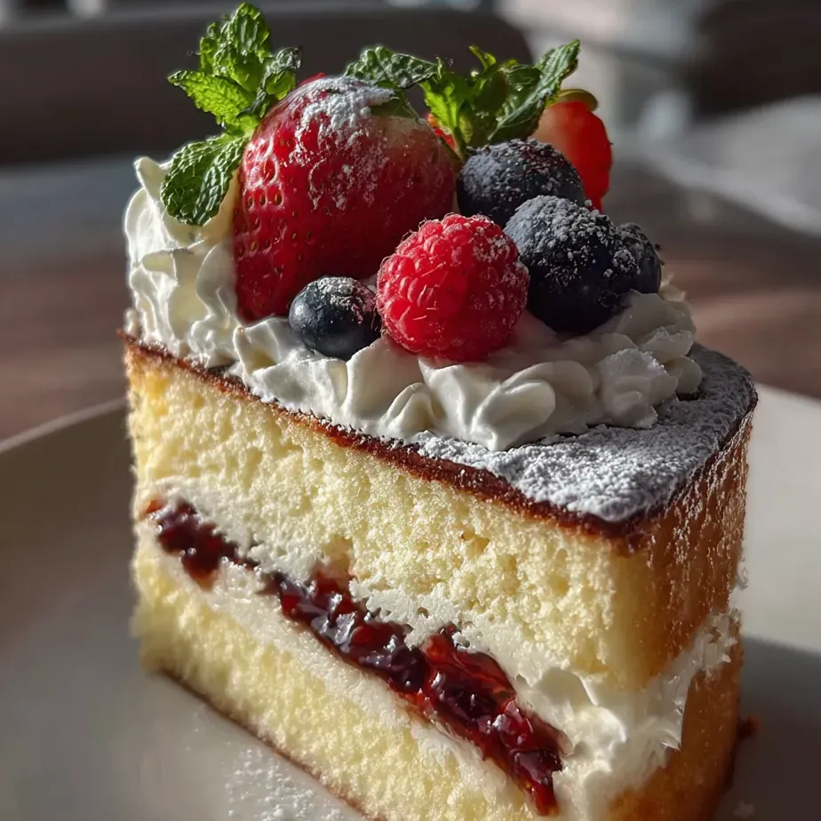 Ein Stück Kuchen mit frischen Erdbeeren und Blaubeeren obendrauf.