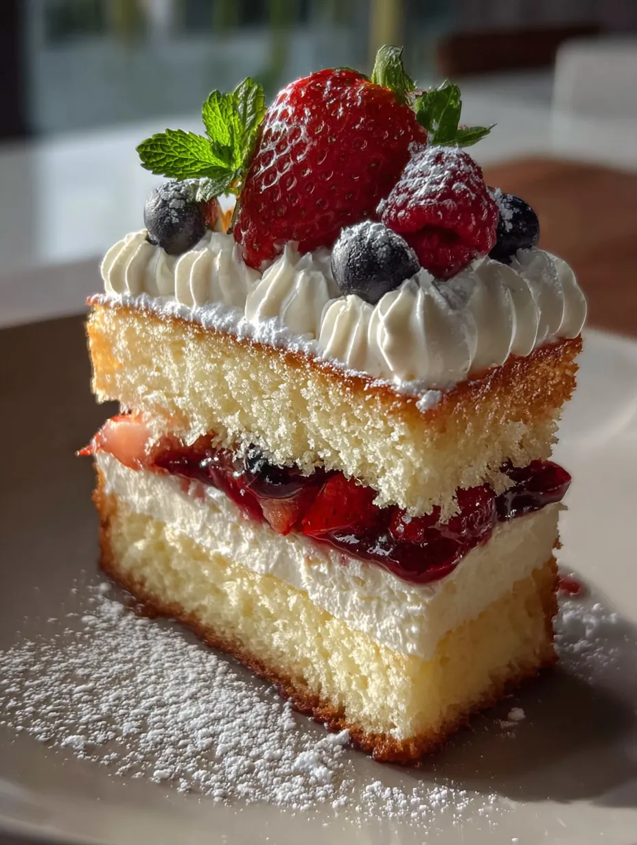 Stück Kuchen mit Erdbeeren und Heidelbeeren.