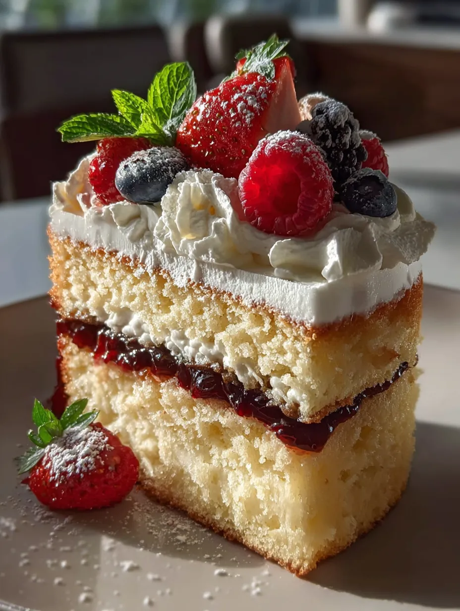 Stück Kuchen mit Erdbeeren und Sahne obendrauf.