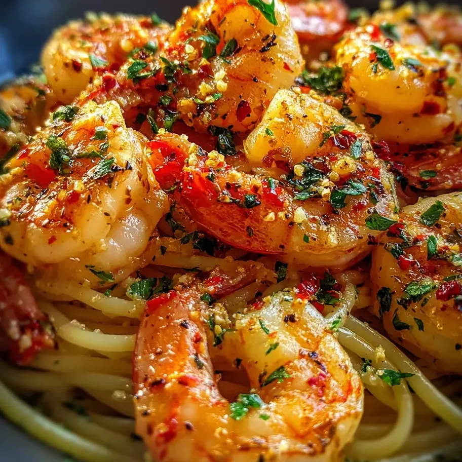 Teller mit Garnelen und Pasta.