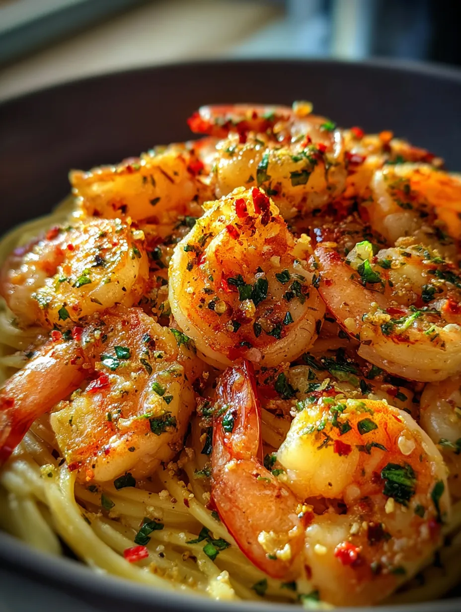 Eine Schüssel mit Garnelen und Pasta.