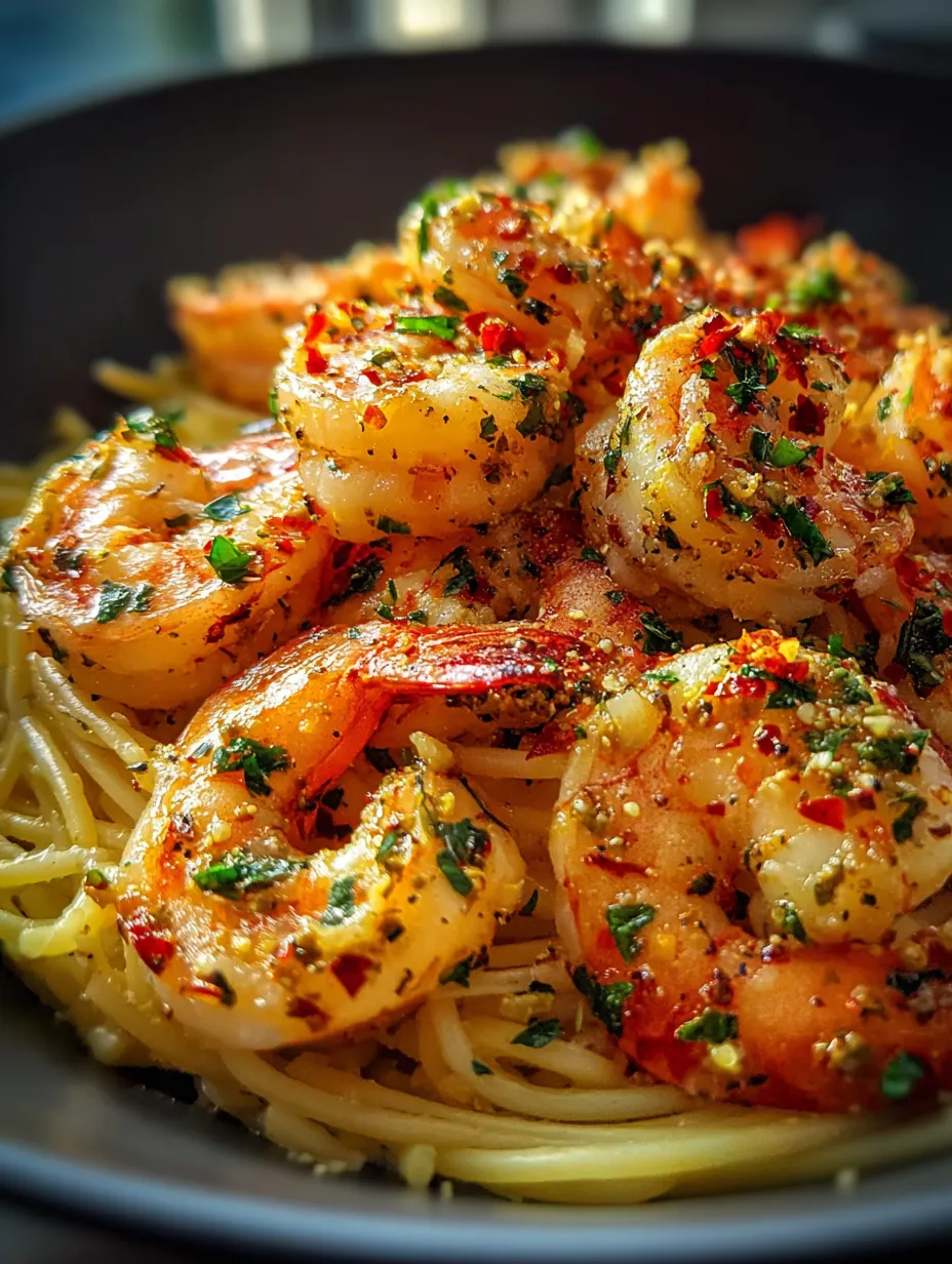 Ein Teller Garnelen mit Pasta.