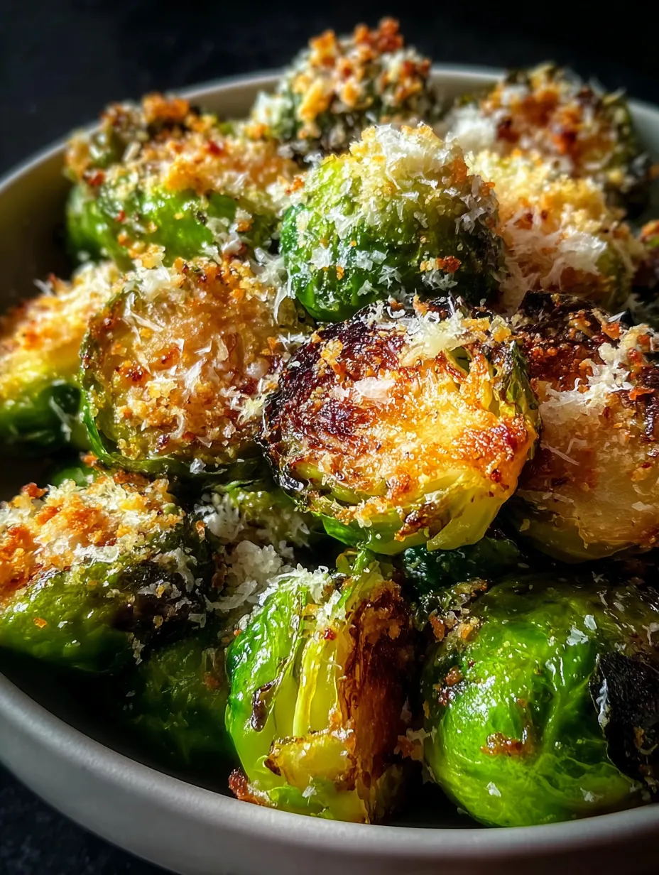 Eine Schale mit überbackenem Rosenkohl und Käse.