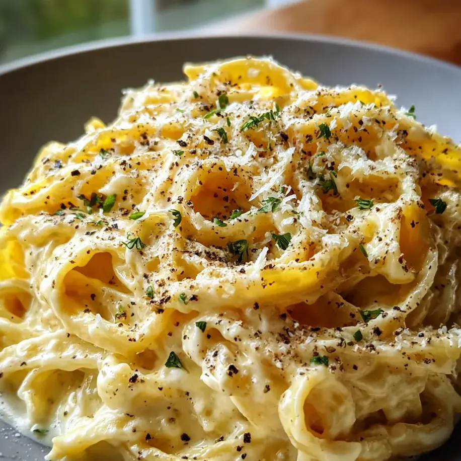 Eine Schüssel Pasta mit Käse und Kräutern.