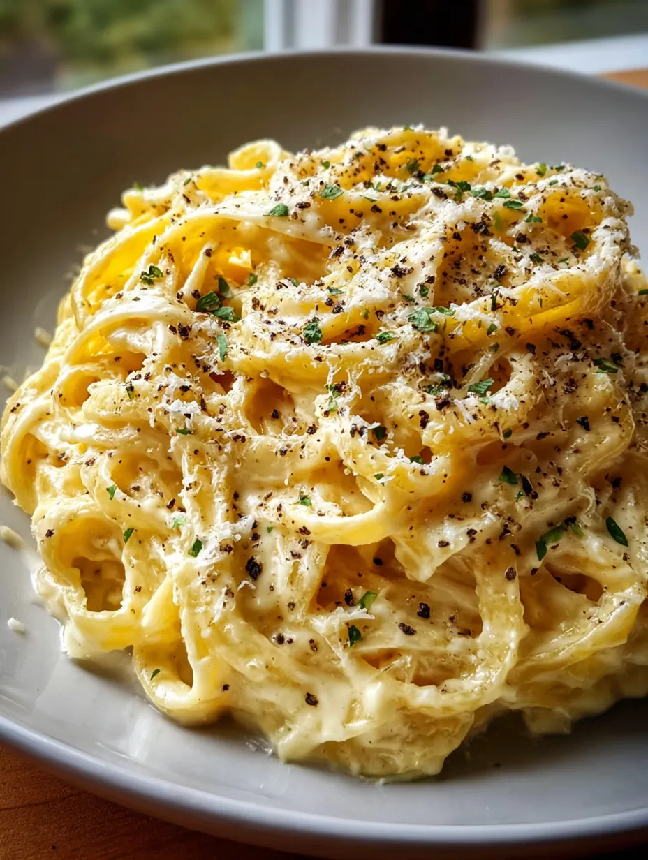 Ein Teller Pasta mit Käse und frischen Kräutern.