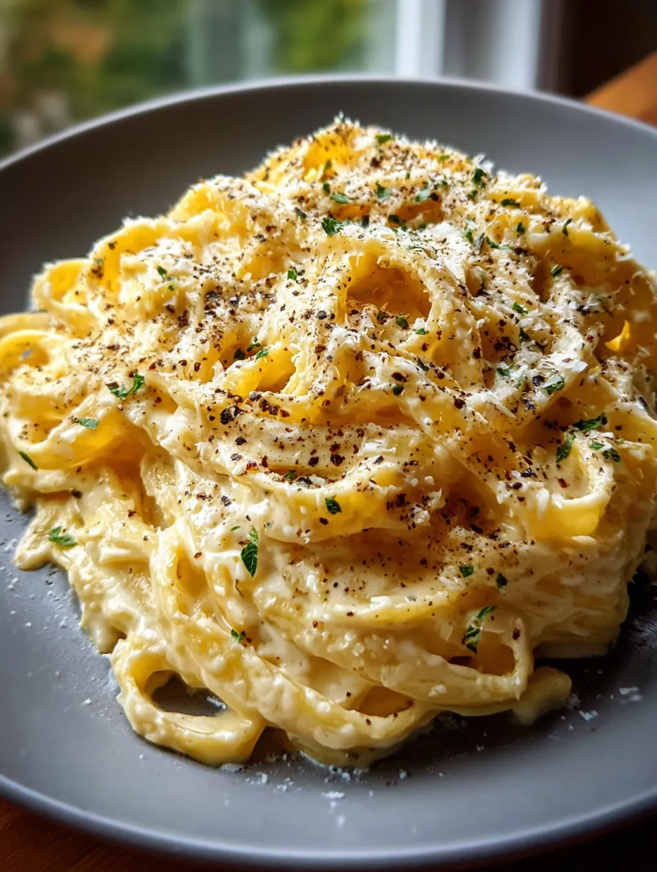 Ein Teller Pasta mit Käse und frischen Kräutern.