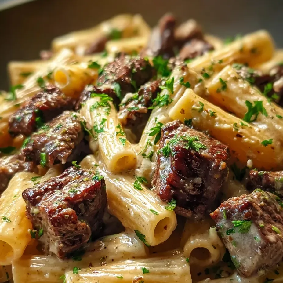 Eine Portion Pasta mit Steakstücken und frischen Kräutern.