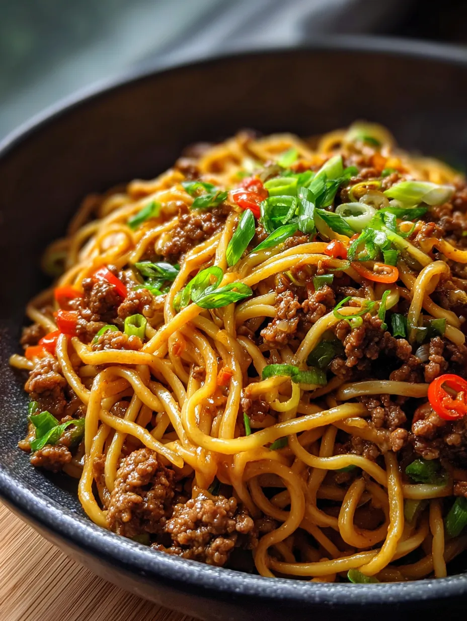 Schale mit Nudeln, Hackfleisch und buntem Gemüse.