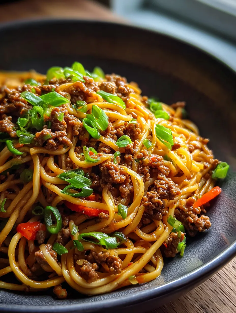 Schale mit Nudeln, Hackfleisch und buntem Gemüse.